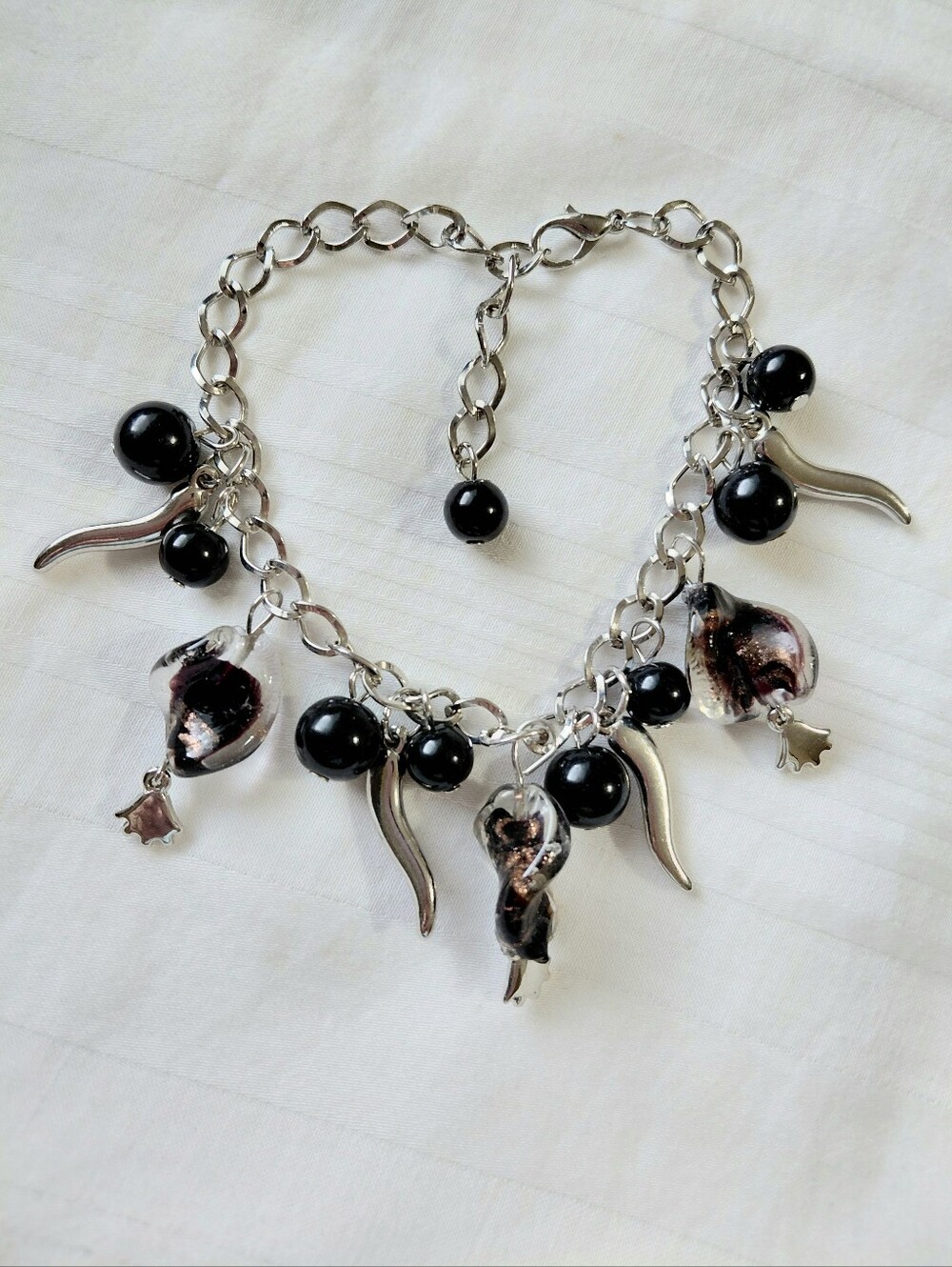 Silver Black Glass Charm Bracelet Horn Claw